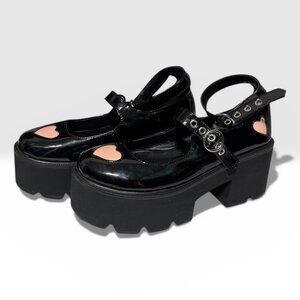Chunky Black Platform Mary Janes with Pink Heart Cutouts